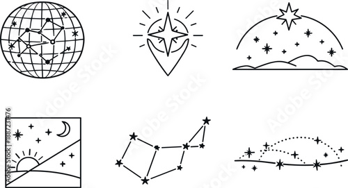 Line Style Star Maps. Line style icons of star maps: stellar pattern grid, guiding-star marker, zenith star arc, rising-position
