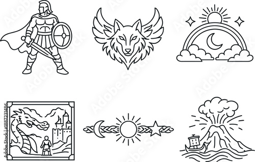 Mythological Iconography. Line style icons of mythological symbolism: heroic figure outline, animal spirit motif, divine-sign arc,