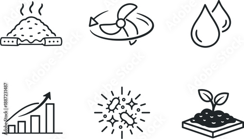 Composting Process Icons. Line style icons of composting process: aerated pile outline, turning blade arc, moisture-control