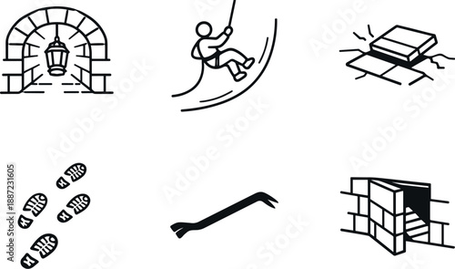 Exploration Icons. Line style icons of exploration attempts: lantern-lit corridor outline, rope descent arc, loose brick tile,