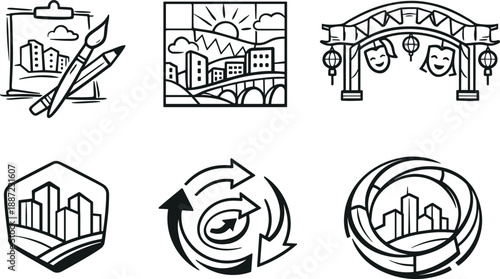 Modern Icon Reinterpretation. Line style icons of modern reinterpretation: artist sketch outline, urban mural tile, cultural