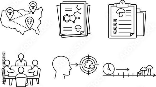 Psilocybin Research Icons. Line style icons of future psilocybin research and regulation: multicenter trial map, stack of