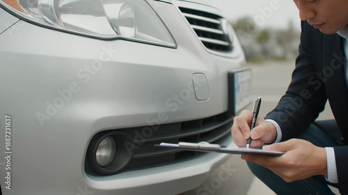 Professional insurance adjuster inspecting scratches on a silver car bumper and writing a damage report on a clipboard, ideal for accident claim assessment.