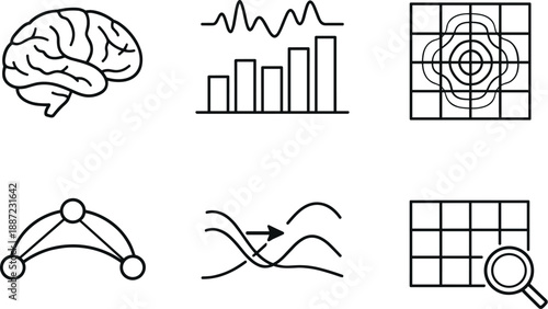 Neuroimaging Line Art Icons. Line style icons of neuroimaging and measurement: fMRI brain contour, BOLD signal bar, activity