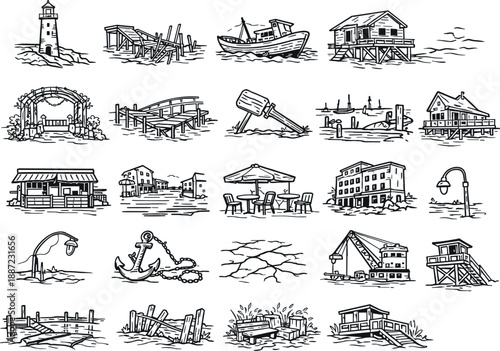 Abandoned Coastal Icons. Line style icons of abandoned coastal towns: empty lighthouse, collapsed pier, rusted boat, deserted