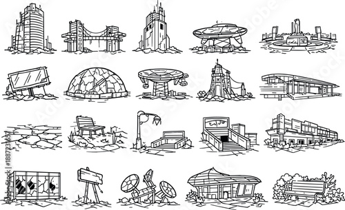 Post-Human Architectural Ruins. Line style icons of post-human futuristic architecture: abandoned skyscraper, collapsed skybridge,
