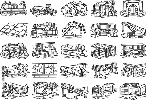 Abandoned Sci-Fi Factories. Line style icons of abandoned sci-fi factories: rusted assembly line, broken conveyor belt, toppled