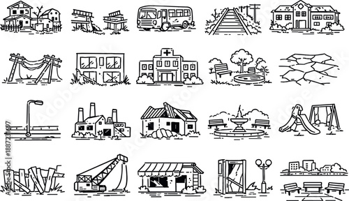 Post-Apocalyptic Exploration Icons. Line style icons of post-disaster exploration: abandoned village, broken bridge, rusted bus,