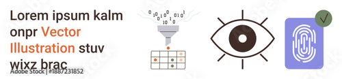 Data analysis, biometrics, identity verification, cybersecurity, data encryption, authentication. Funnel processing numbers, an eye icon and a fingerprint symbol. Data analysis and biometrics