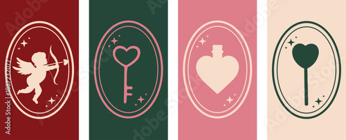 Love potion, heart-shaped candy, Cupid, key to the heart. Romantic concept. Vector illustration. Trendy background. Phone wallpaper.