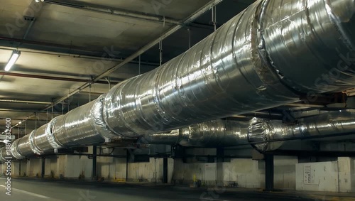Clean 4K industrial close up zooming toward insulated silver district heating pipelines bending under an underpass highlighting infrastructure energy 