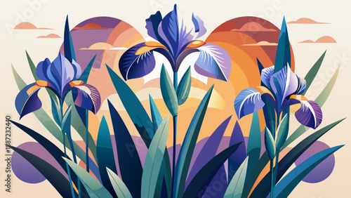 Very beautiful minimalistic illustration of irises using clean shapes and refined lines, emphasizing simplicity, balance, and elegant botanical form in a modern artistic style.White background
