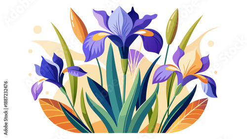 Very beautiful minimalistic illustration of irises using clean shapes and refined lines, emphasizing simplicity, balance, and elegant botanical form in a modern artistic style.White background
