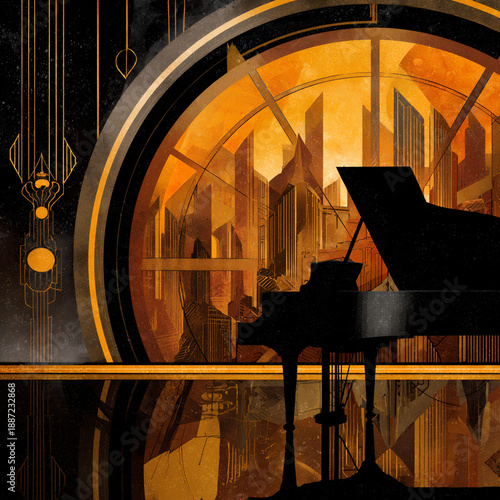 abstract retro piano with city design in 20s style, modern music card illustration in twenties art deco, vintage jazz cityscape with abstract piano design