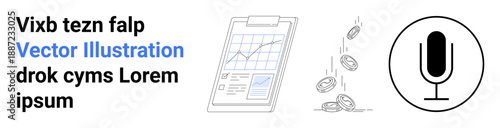 Financial planning, income growth, media communication, technology, business analytics, digital marketing. A clipboard with a chart, falling coins and a microphone. Financial planning and income