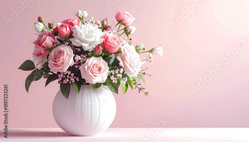 Elegant Rose Bouquet in White Vase on Pink Background.