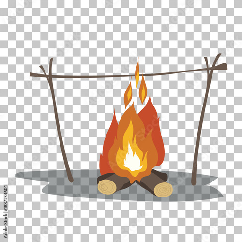 Illustration of a burning campfire with logs and flames, set up with a simple wooden cooking rack over it.