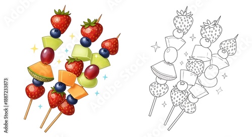 Colorful fruit skewers with berries and melon