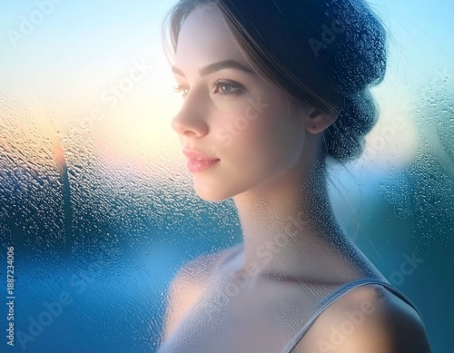 Beautiful Woman Behind Frosted Glass with Soft Gradient Light