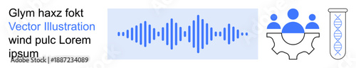 Technology, teamwork, biotechnology, sound waves, genetic research, digital communication. Blue audio waveform, cogwheel with team test tube with DNA strand. Technology and teamwork vector icons