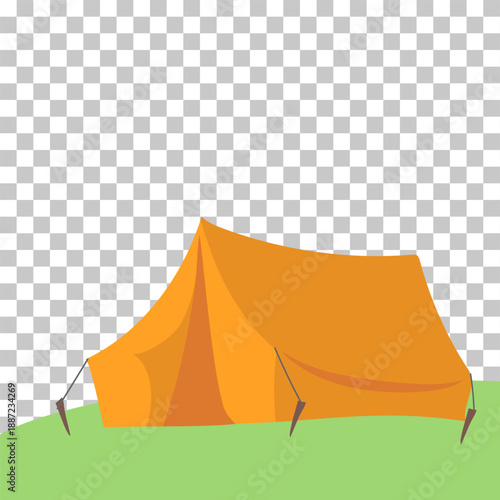 A simple cartoon illustration of an orange camping tent pitched on green grass with a transparent background.