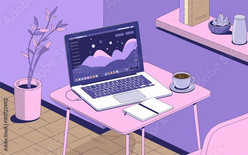 Lofi flat vector illustration of a cozy minimalist workspace with laptop notebook and coffee cup, calm interior work atmosphere.