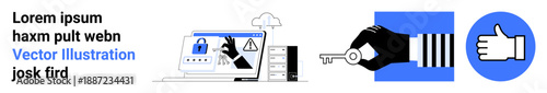 Cybersecurity, data protection, hacking alerts, secure access, key exchange, online permissions. Laptop with fraud warning, hand holding a key and thumbs-up approval. Cybersecurity and data