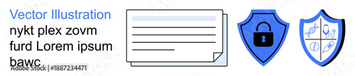 Cybersecurity, healthcare data security, online privacy, data encryption, fraud prevention, medical protection. are shields with lock and medical symbols alongside a document. Cybersecurity