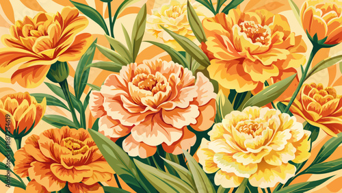 Very beautiful floral background featuring yellow and peach carnations arranged harmoniously, creating a warm, cheerful composition perfect for spring designs and elegant decorative use.