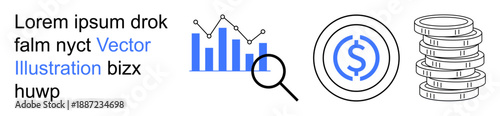 Financial analysis, business insights, data visualization, economic studies, investment concepts, market analytics. Features a bar graph, magnifying glass dollar symbol and coins. Financial