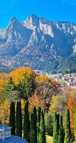 Autumn mountain landscape with cypress trees and colorful fall foliage near Busteni, Romania