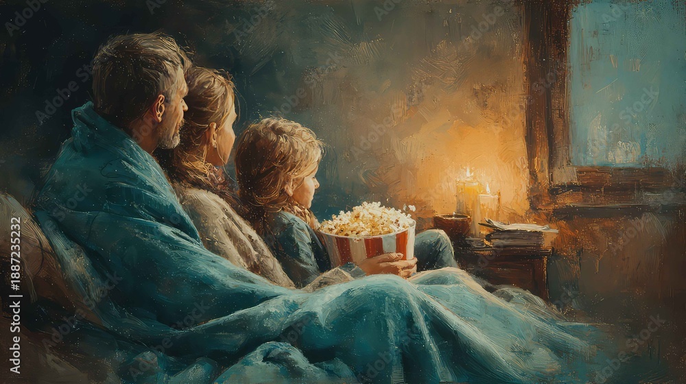 Fototapeta premium family enjoying a movie night with popcorn