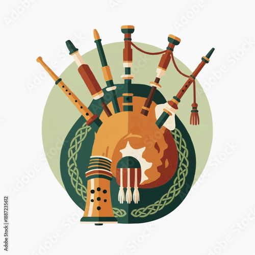 Bagpipes and wooden flutes in traditional design for Saint Patrick's Day  
