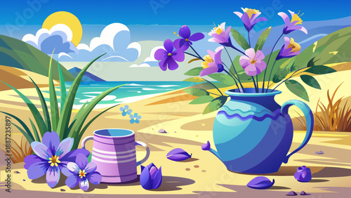Very beautiful still life of violet flowers on a sandy shore beside a blue and yellow pot, blending coastal calm with gentle floral charm against a clean white backdrop.