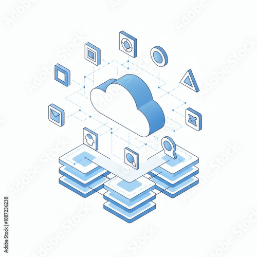 Isometric cloud computing network with data servers and connection points, symbolizing secure digital information storage, advanced technology, and global data exchange