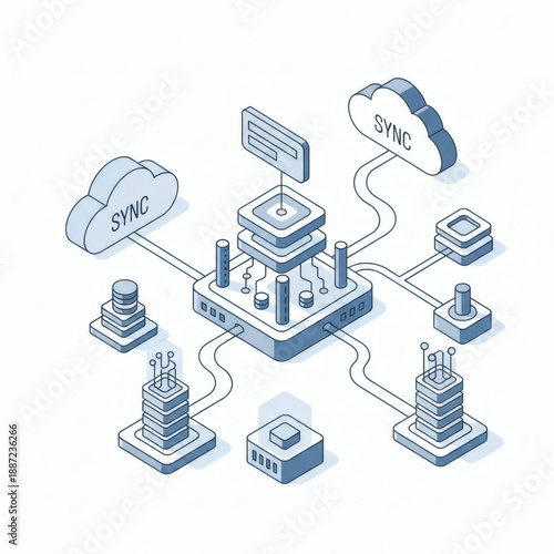 Abstract illustration of cloud sync and data transfer network connectivity and digital technology