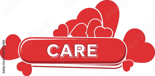 Care text with heart shapes, love and compassion themed graphic design