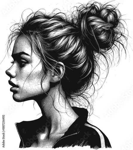 Athletic girl. Black and white line sketch portrait of a beautiful sports woman with messy hairstyle. Character design. Transparent background EPS version.