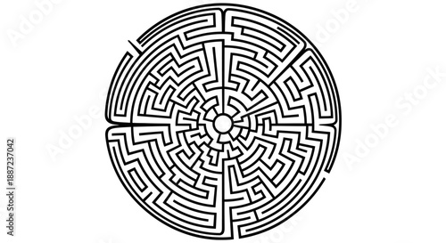 Circular black and white maze with intricate paths and a central goal.