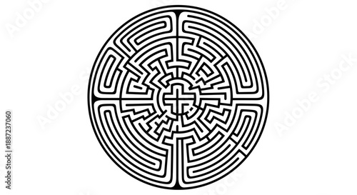 Black and white circular labyrinth maze on white background.