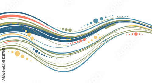 Colorful abstract wavy lines and dots on white background.