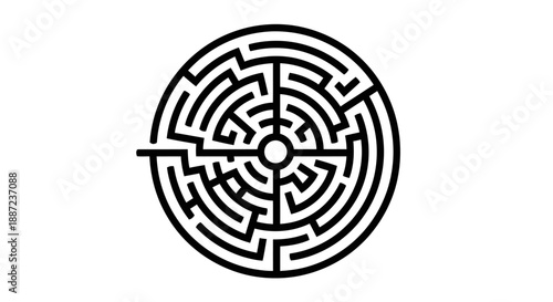 Simple black and white circular labyrinth design.