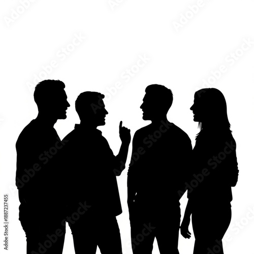 Silhouette of four people standing and talking to each other
