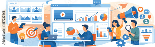 Corporate Storytelling Workflow. Corporate storytelling workflow scene with dashboards, storyboards, charts, and team