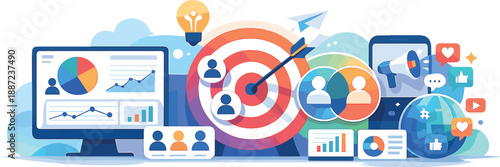 Digital Brand Ecosystem. Digital brand positioning ecosystem visualization with dashboards, target icons, charts, and social media