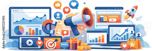 Digital Marketing Dashboard. Corporate online promotion ecosystem with dashboards, banners, charts, and social media icons