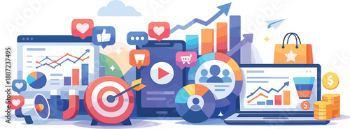 Marketing Trends Visualization. Digital marketing trends ecosystem visualization with dashboards, charts, graphs, and social media