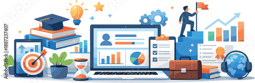 Skill Development Illustration. Skill development concept with dashboards, laptops, charts, and learning icons illustrating