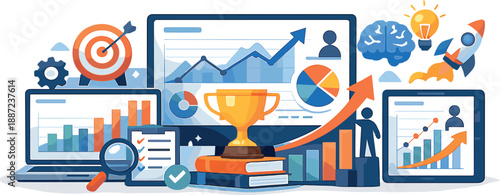 Professional Growth Visualization. Performance-driven skill development visualization with dashboards, charts, laptops, and