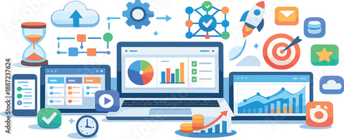 Digital Productivity Ecosystem. Digital productivity tools ecosystem visualization with dashboards, charts, laptops, and app icons